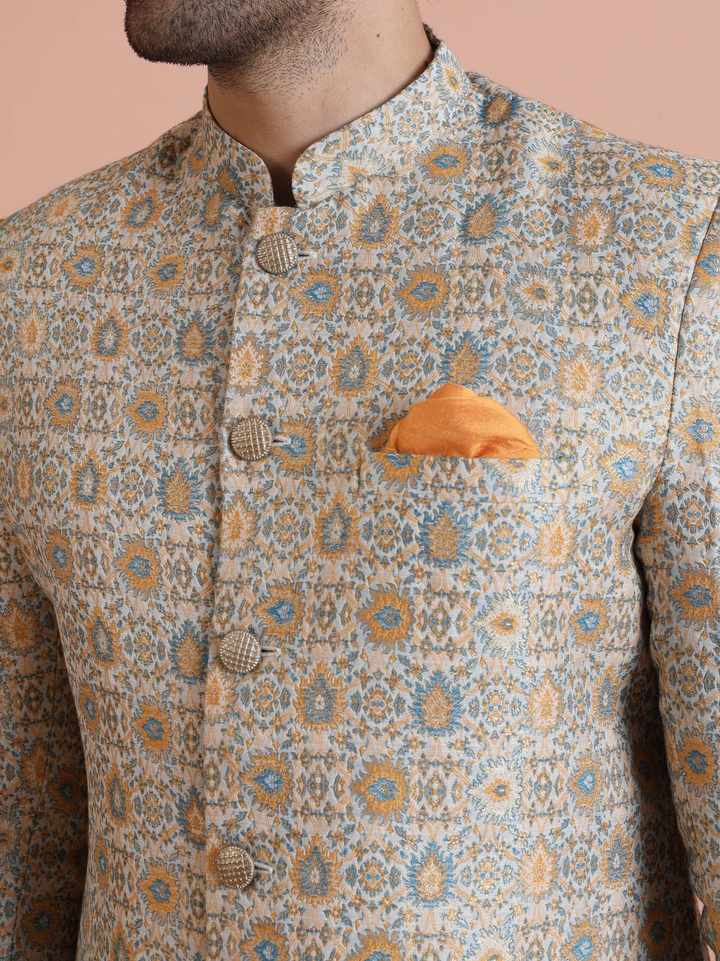 Yellow Silk Blend Jacquard Sherwani Wide Leg Trouser Set