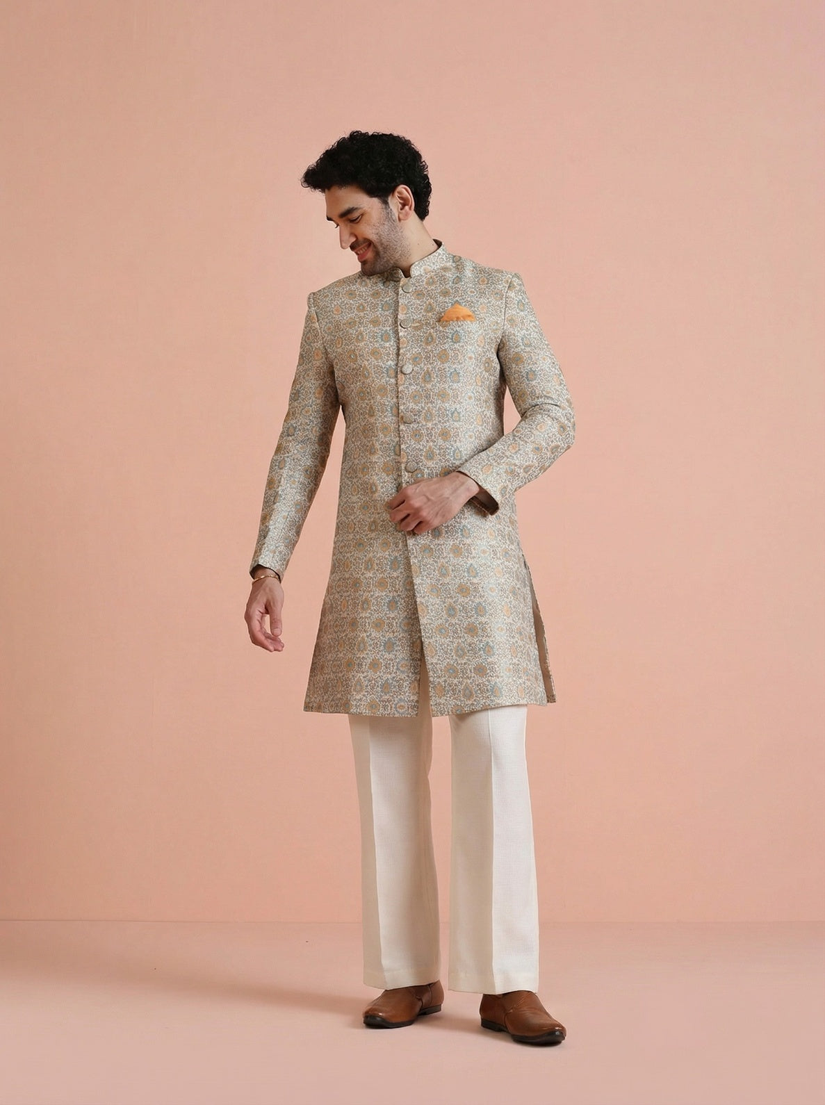Yellow Silk Blend Jacquard Sherwani Wide Leg Trouser Set