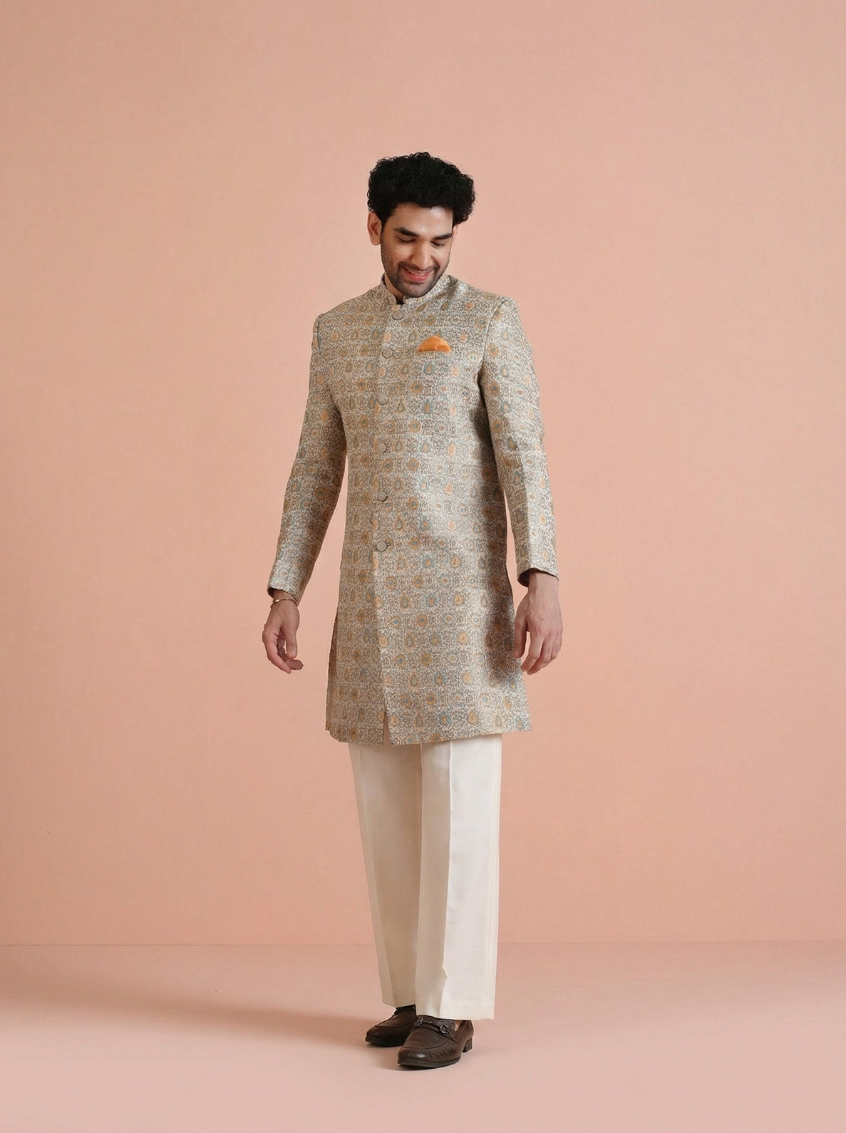 Yellow Silk Blend Jacquard Sherwani Wide Leg Trouser Set