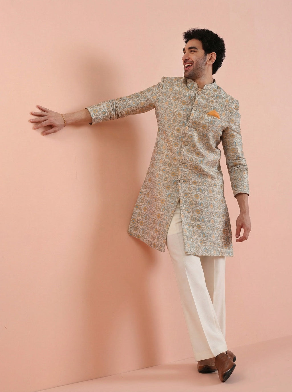 Yellow Silk Blend Jacquard Sherwani Wide Leg Trouser Set