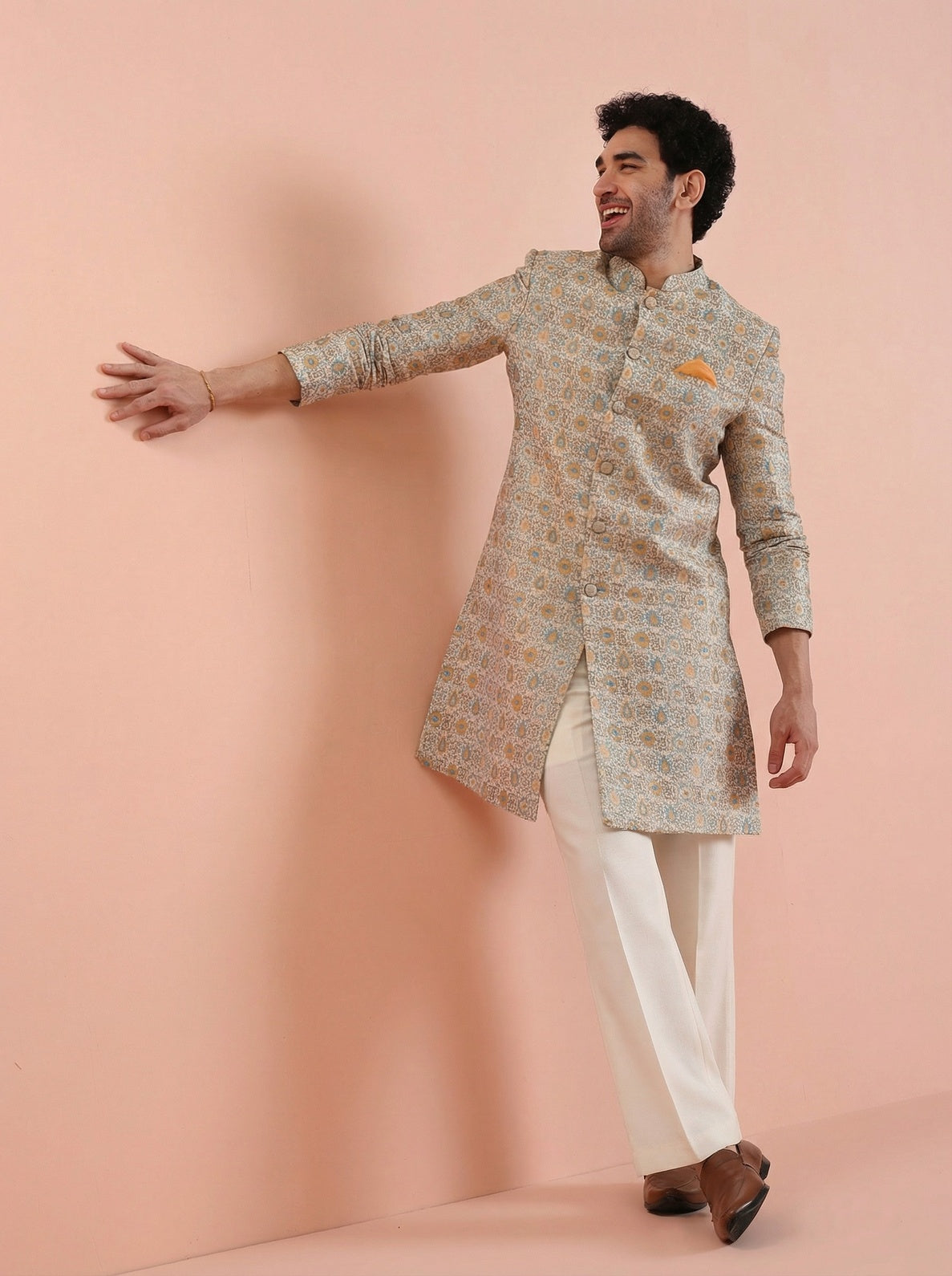 Yellow Silk Blend Jacquard Sherwani Wide Leg Trouser Set
