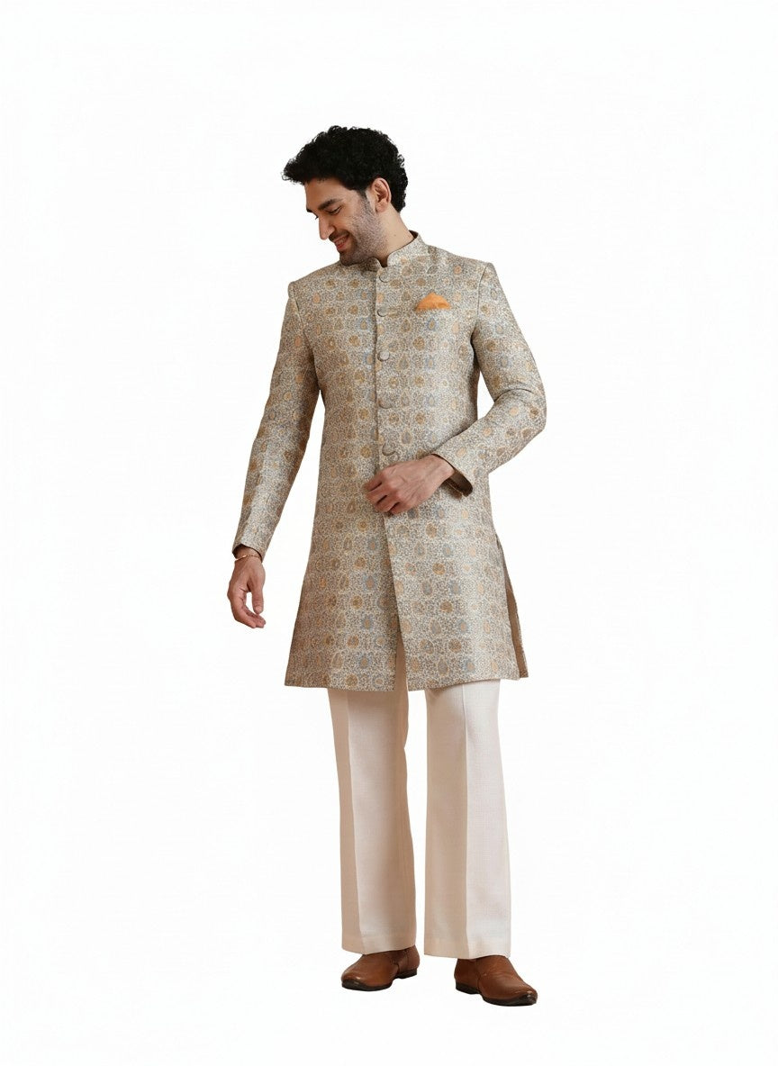 Yellow Silk Blend Jacquard Sherwani Wide Leg Trouser Set