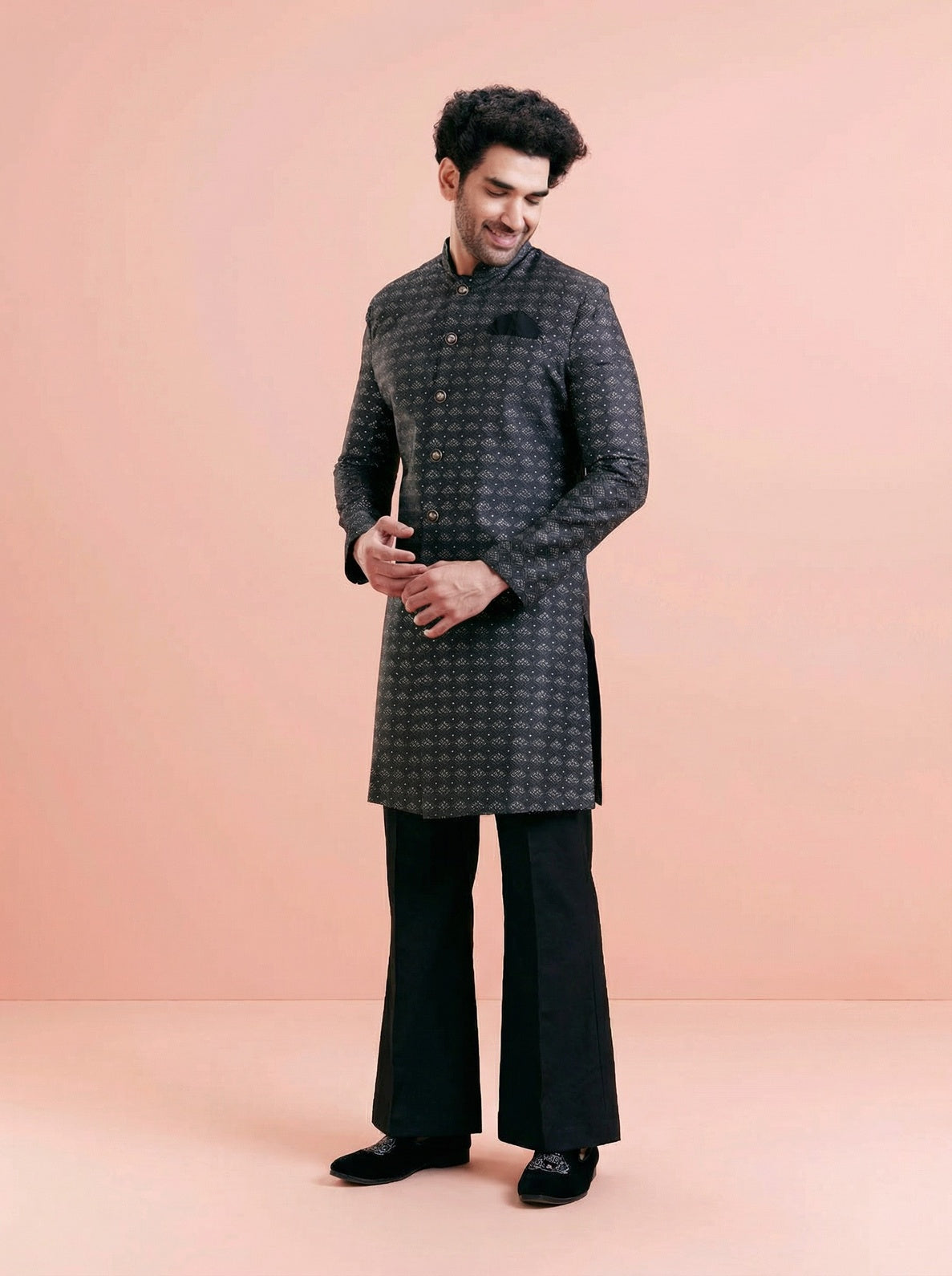 Black Silk Blend Textured Sherwani Wide Leg Trouser Set