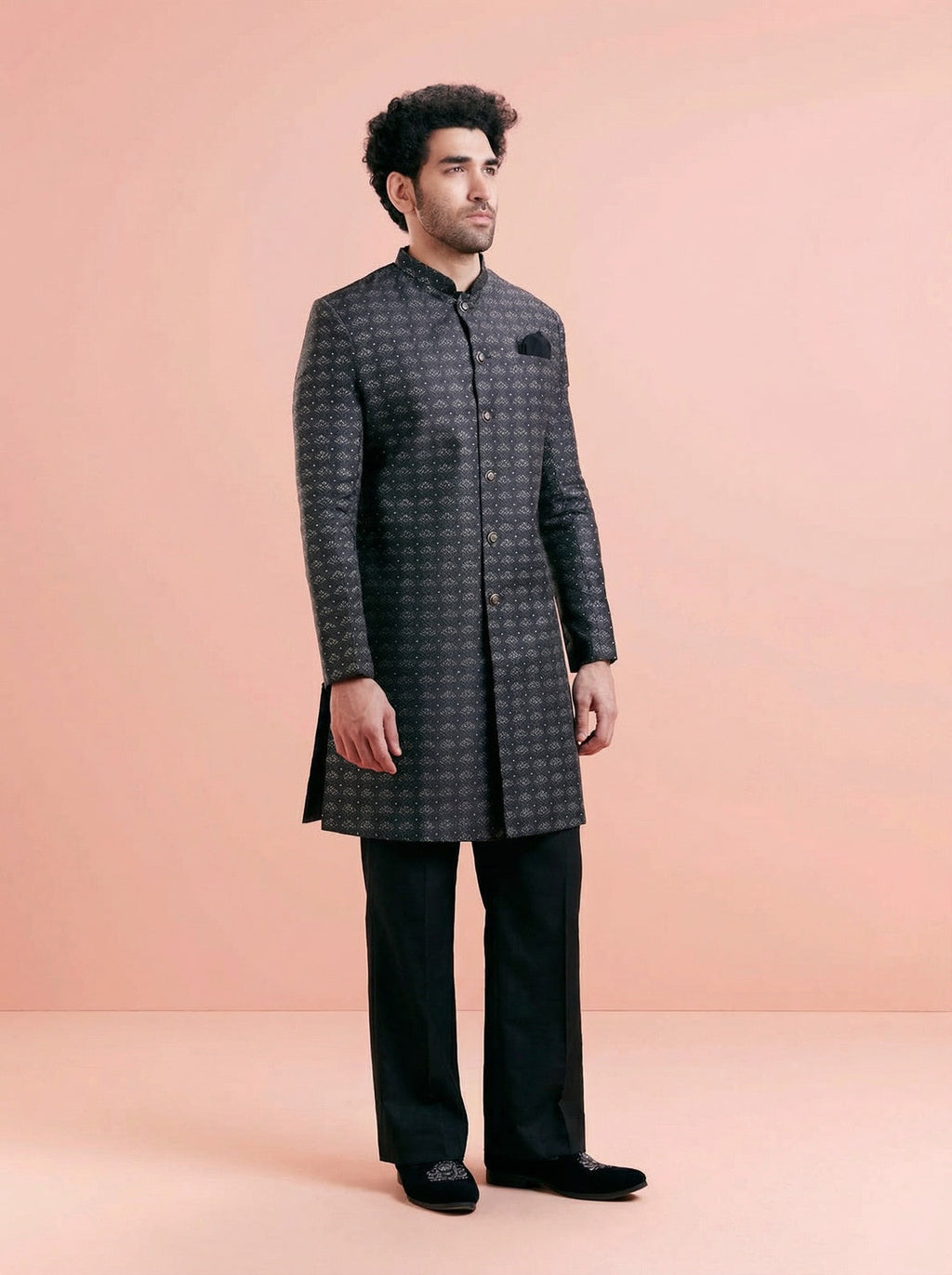 Black Silk Blend Textured Sherwani Wide Leg Trouser Set