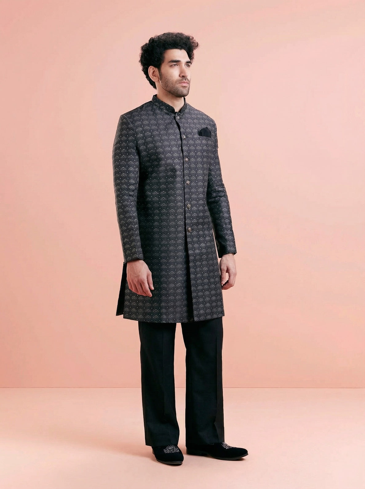 Black Silk Blend Textured Sherwani Wide Leg Trouser Set