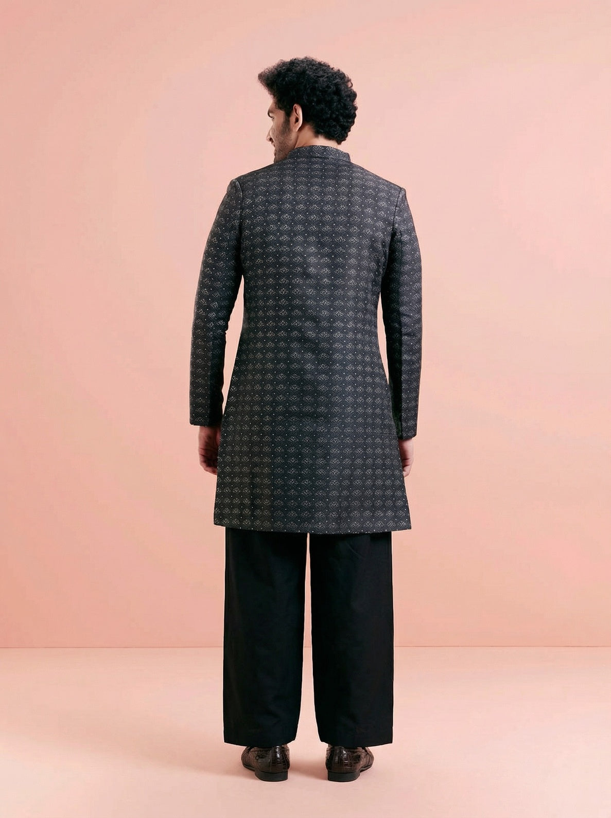 Black Silk Blend Textured Sherwani Wide Leg Trouser Set