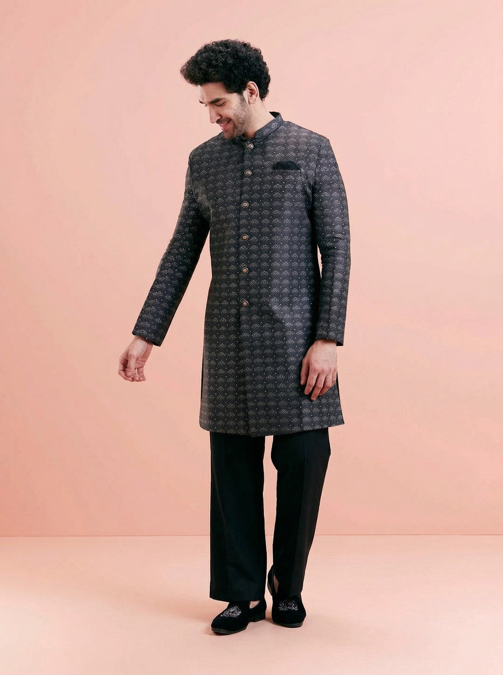 Black Silk Blend Textured Sherwani Wide Leg Trouser Set