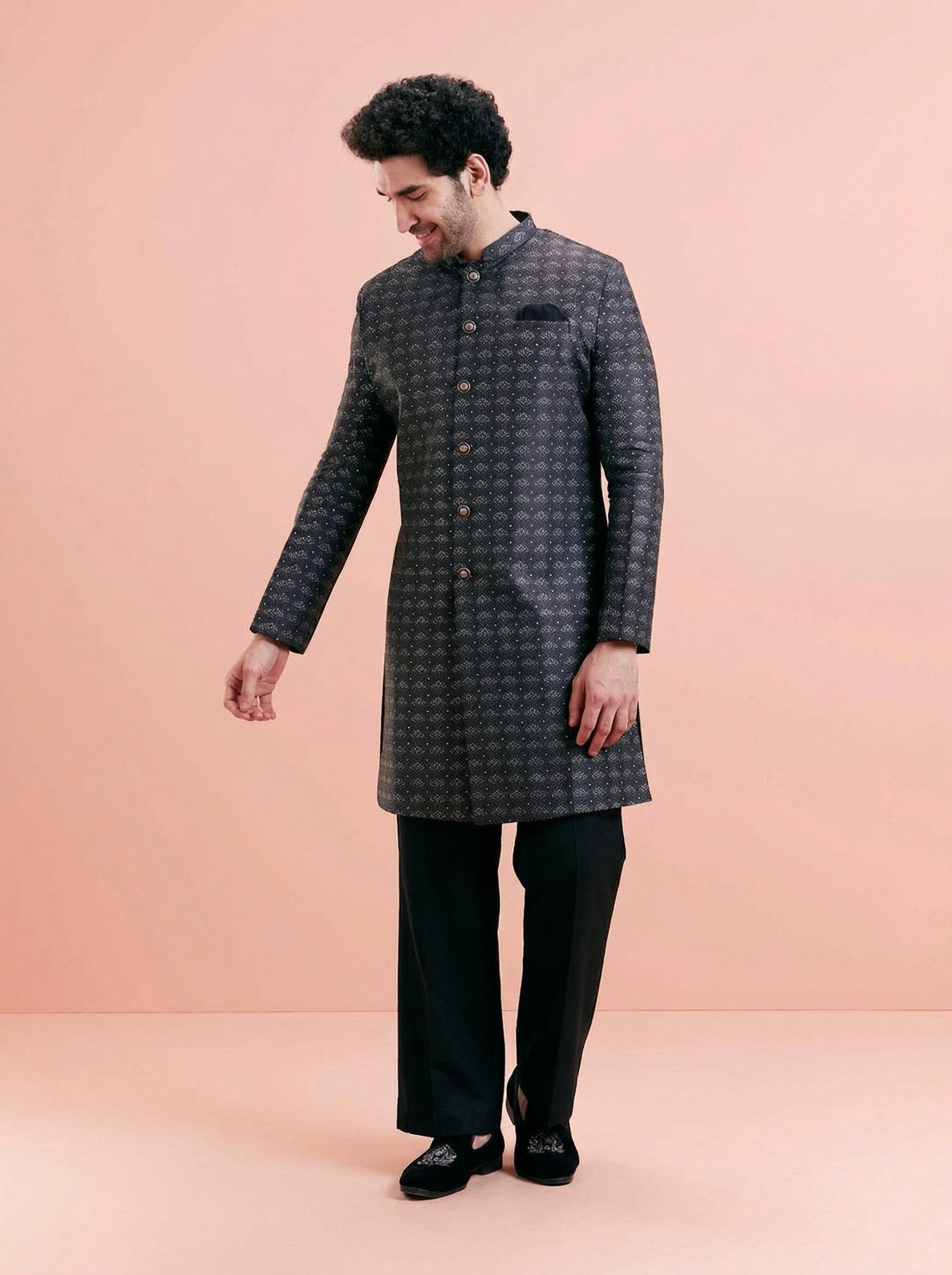 Black Silk Blend Textured Sherwani Wide Leg Trouser Set