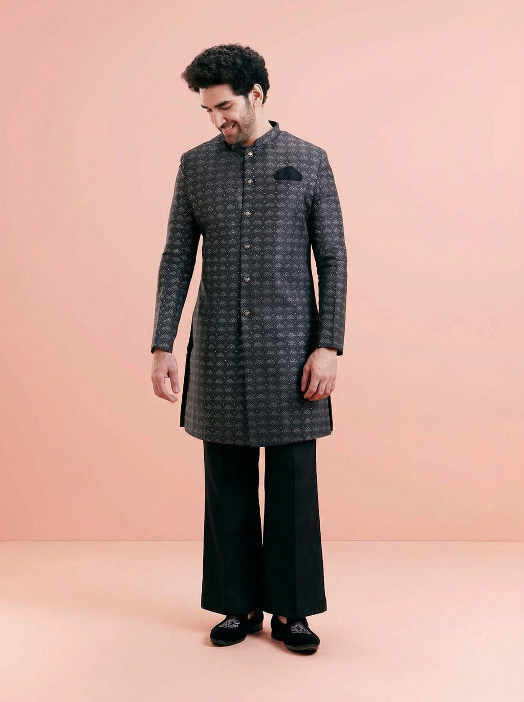 Black Silk Blend Textured Sherwani Wide Leg Trouser Set