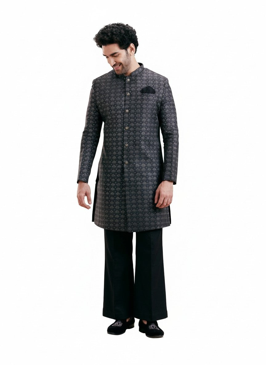Black Silk Blend Textured Sherwani Wide Leg Trouser Set
