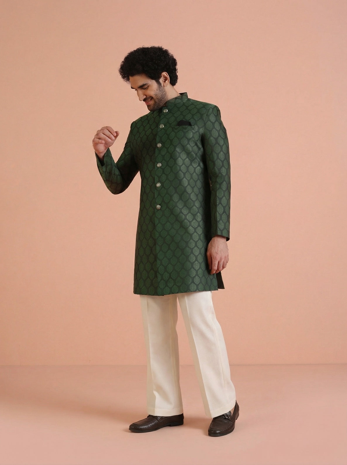 Bottle Green Silk Blend Textured Sherwani Wide Leg Trouser Set