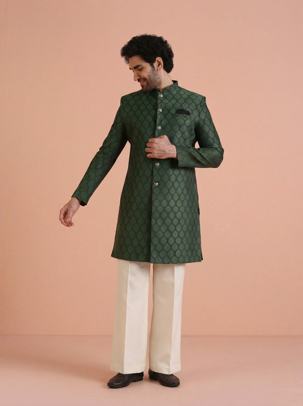Bottle Green Silk Blend Textured Sherwani Wide Leg Trouser Set