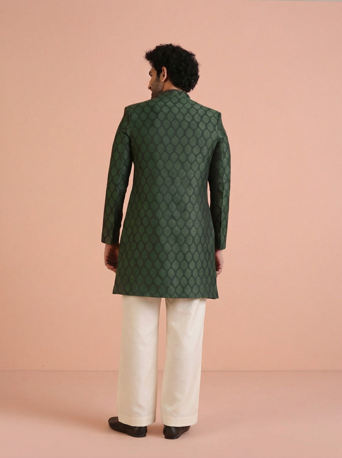 Bottle Green Silk Blend Textured Sherwani Wide Leg Trouser Set