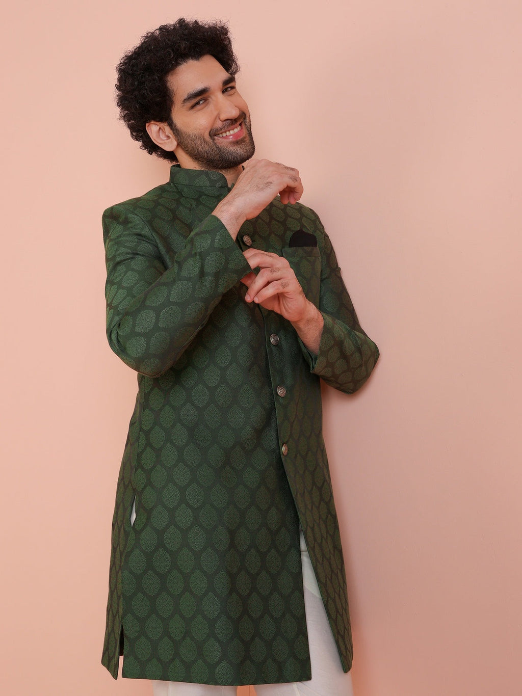 Bottle Green Silk Blend Textured Sherwani Wide Leg Trouser Set