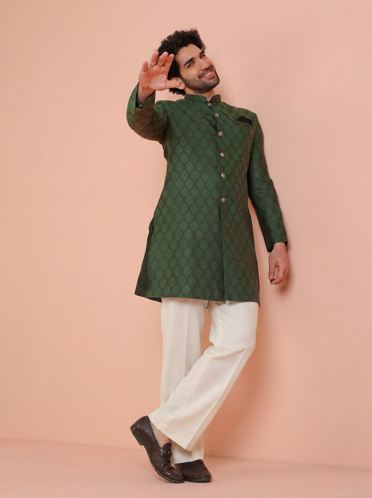 Bottle Green Silk Blend Textured Sherwani Wide Leg Trouser Set