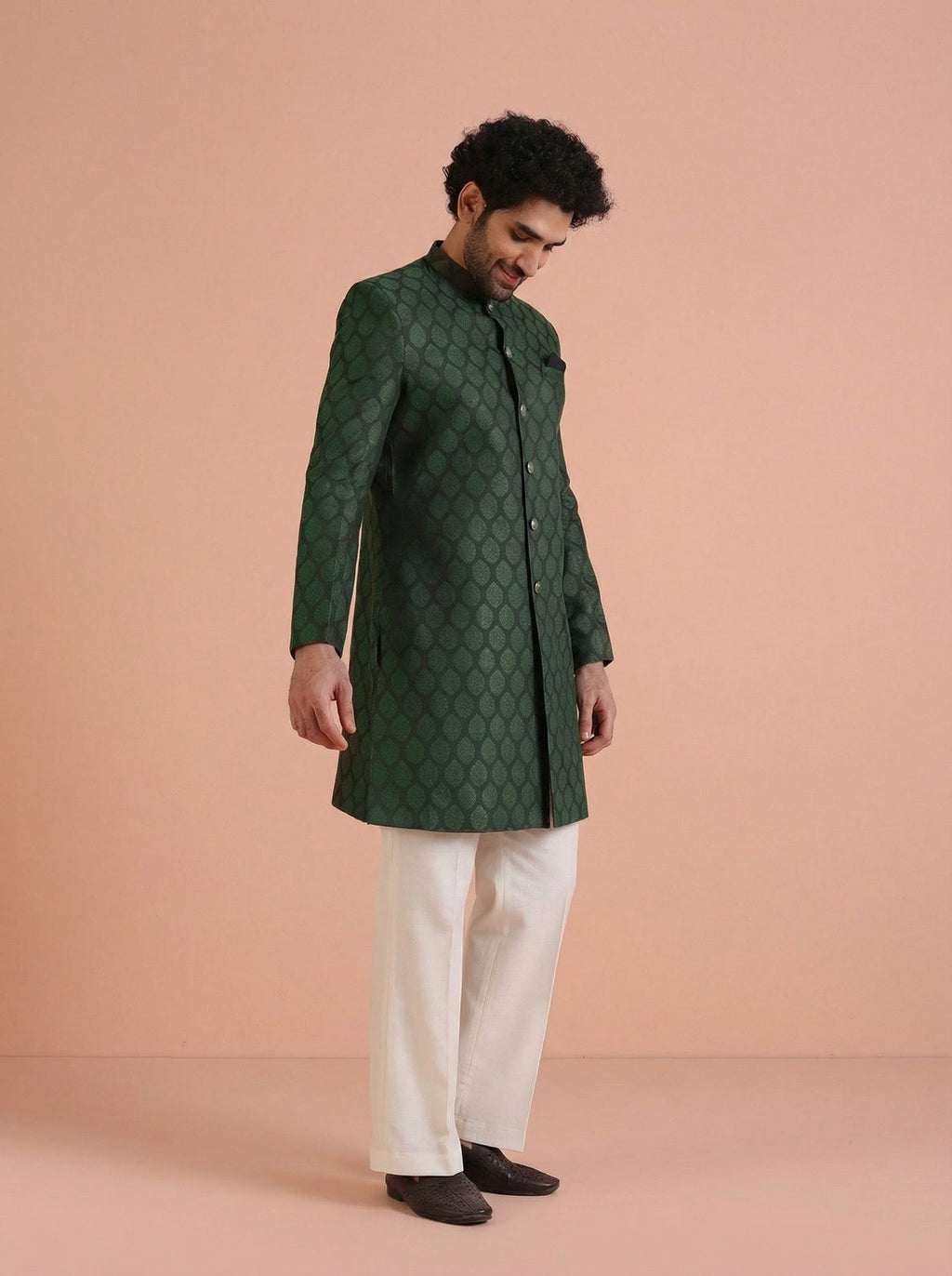 Bottle Green Silk Blend Textured Sherwani Wide Leg Trouser Set