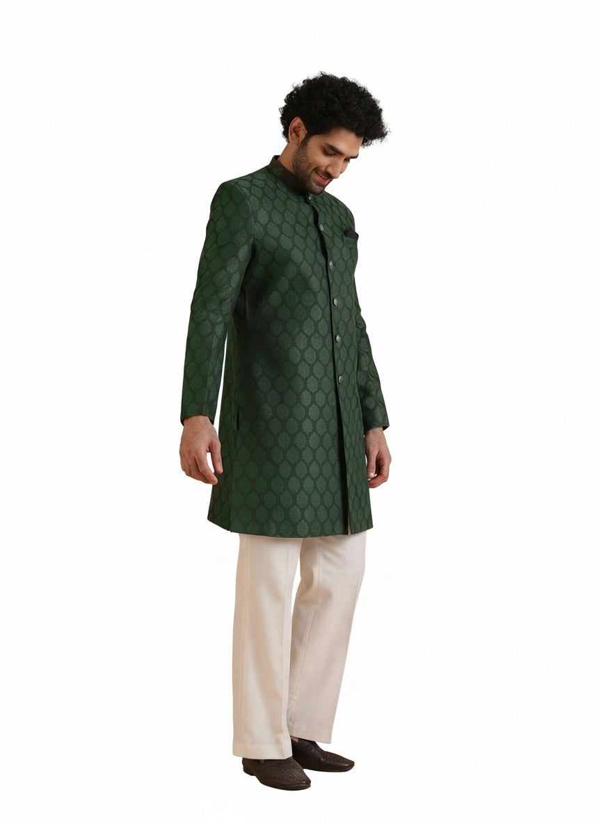 Bottle Green Silk Blend Textured Sherwani Wide Leg Trouser Set