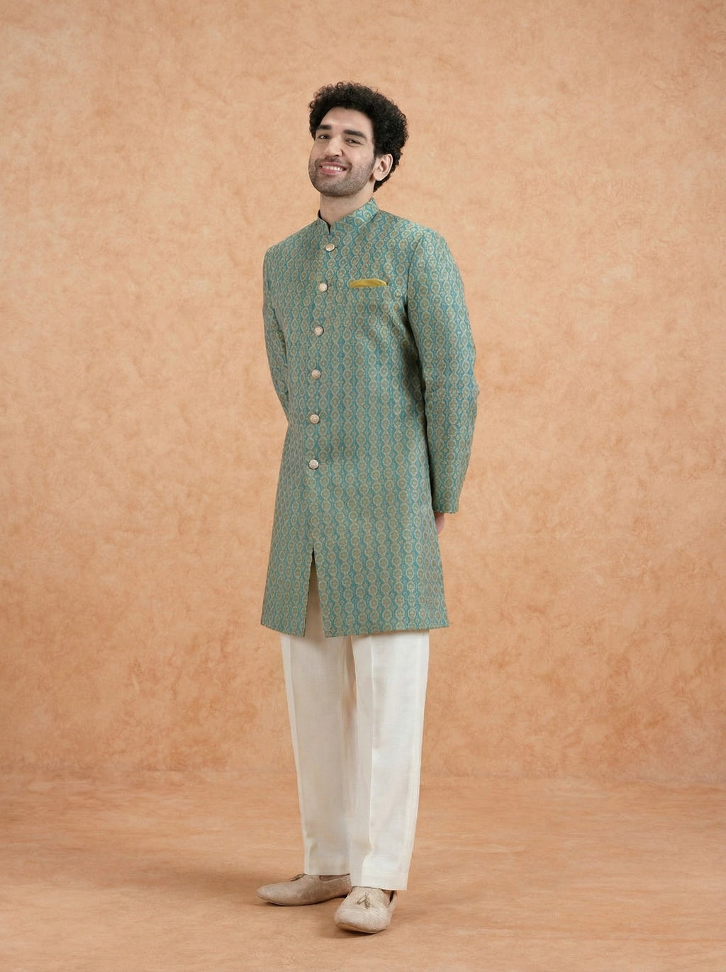 Forest Green Silk Blend Jacquard Sherwani Wide Leg Trouser Set