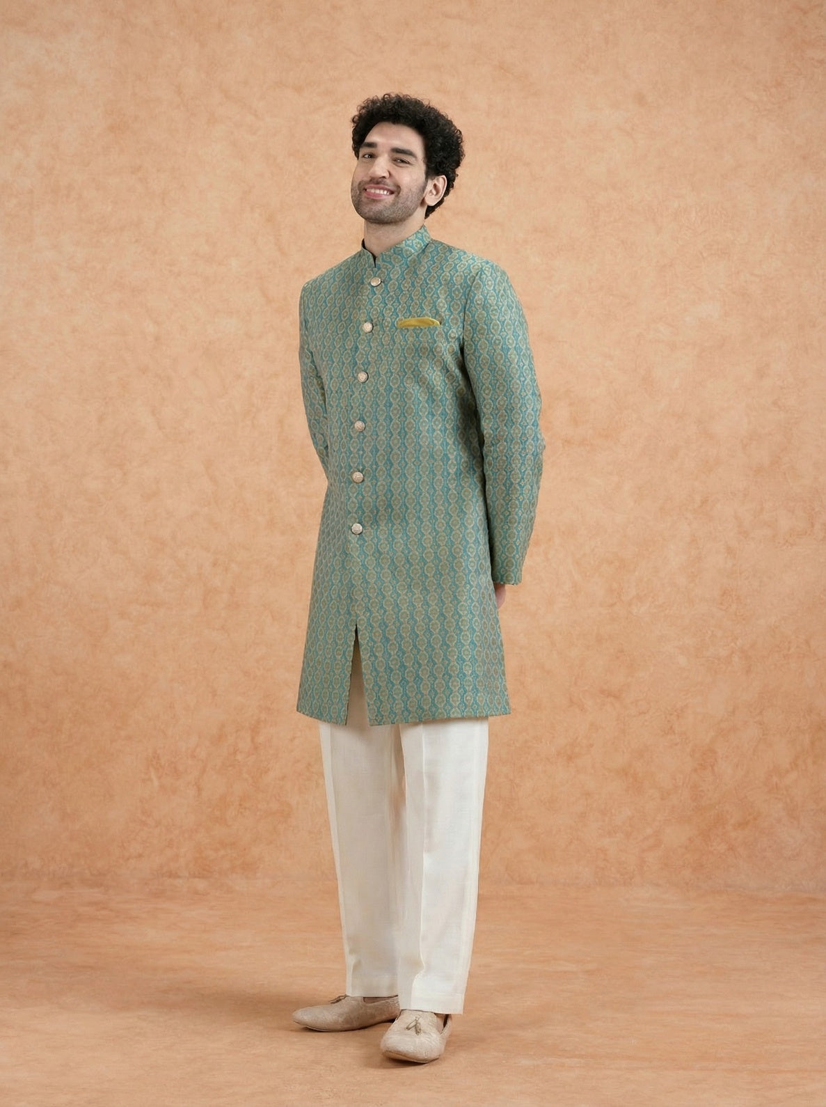 Forest Green Silk Blend Jacquard Sherwani Wide Leg Trouser Set