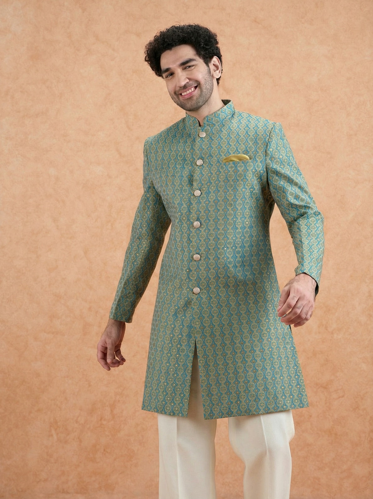 Forest Green Silk Blend Jacquard Sherwani Wide Leg Trouser Set