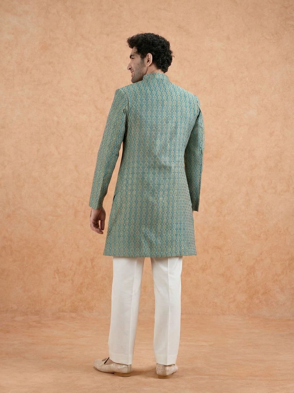Forest Green Silk Blend Jacquard Sherwani Wide Leg Trouser Set