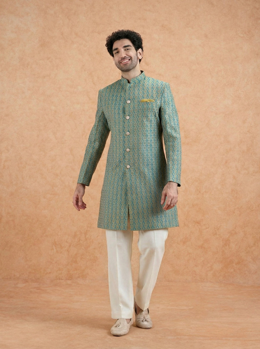 Forest Green Silk Blend Jacquard Sherwani Wide Leg Trouser Set