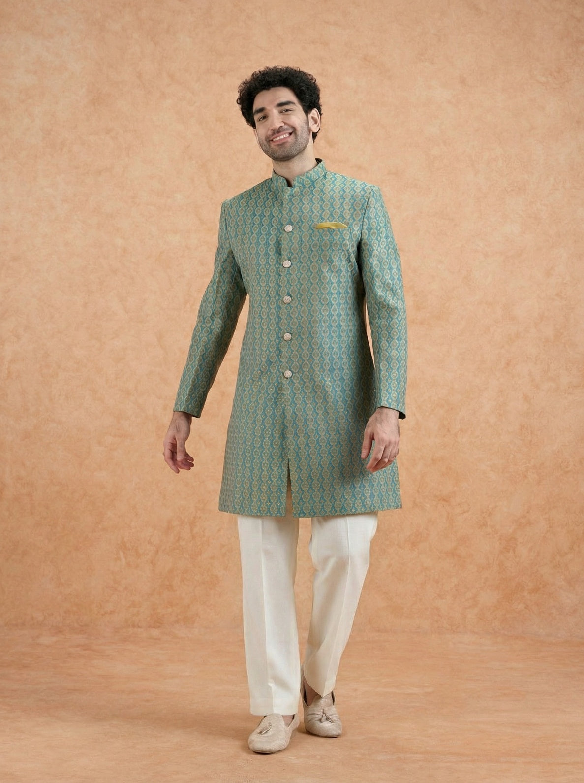 Forest Green Silk Blend Jacquard Sherwani Wide Leg Trouser Set