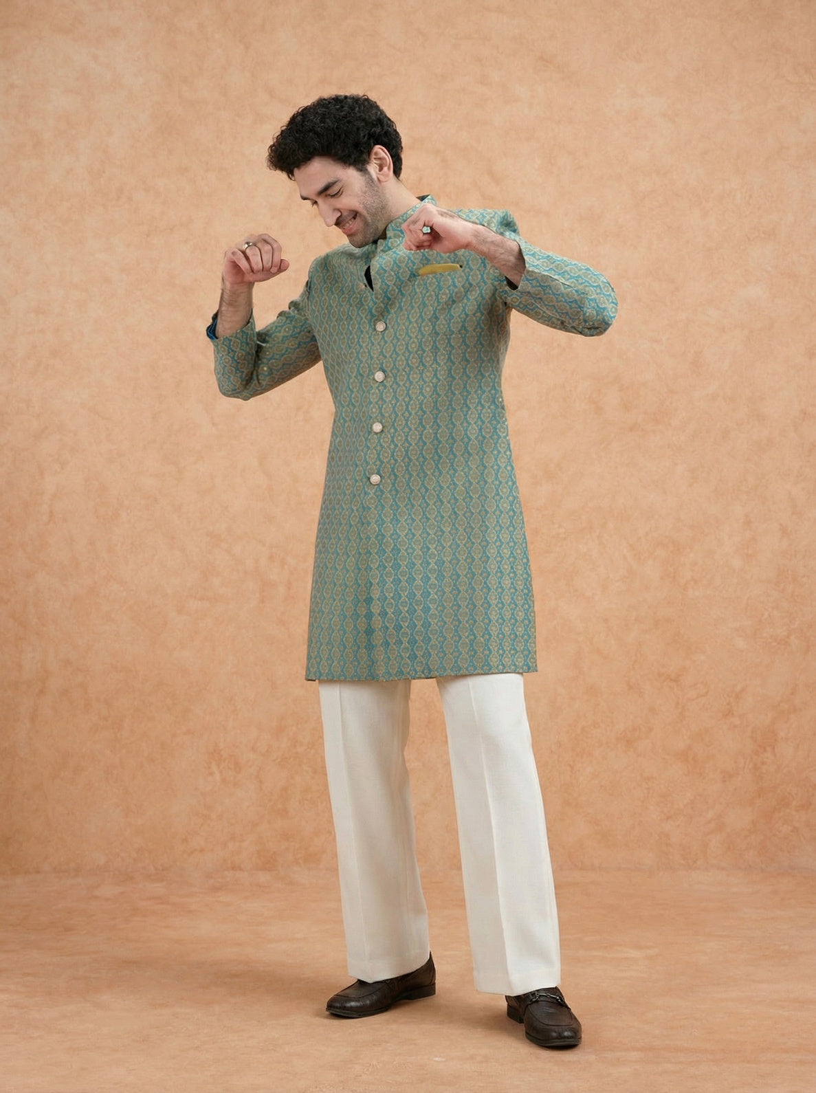 Forest Green Silk Blend Jacquard Sherwani Wide Leg Trouser Set