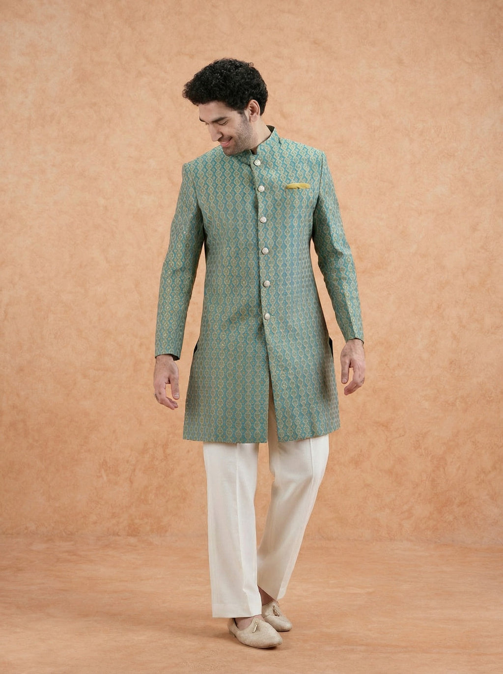 Forest Green Silk Blend Jacquard Sherwani Wide Leg Trouser Set