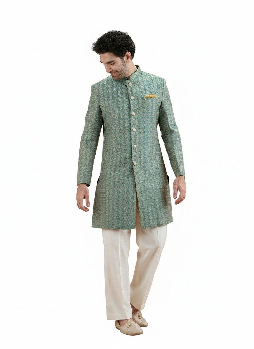 Forest Green Silk Blend Jacquard Sherwani Wide Leg Trouser Set