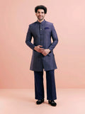 Navy Blue Jacquard Woven Design Sherwani Wide Leg Trouser Set