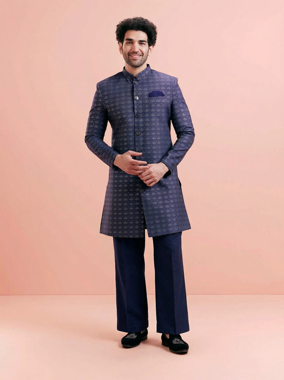 Navy Blue Jacquard Woven Design Sherwani Wide Leg Trouser Set