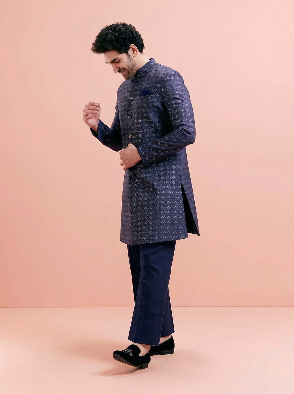 Navy Blue Jacquard Woven Design Sherwani Wide Leg Trouser Set