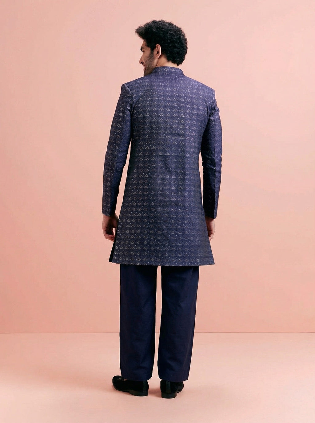 Navy Blue Jacquard Woven Design Sherwani Wide Leg Trouser Set