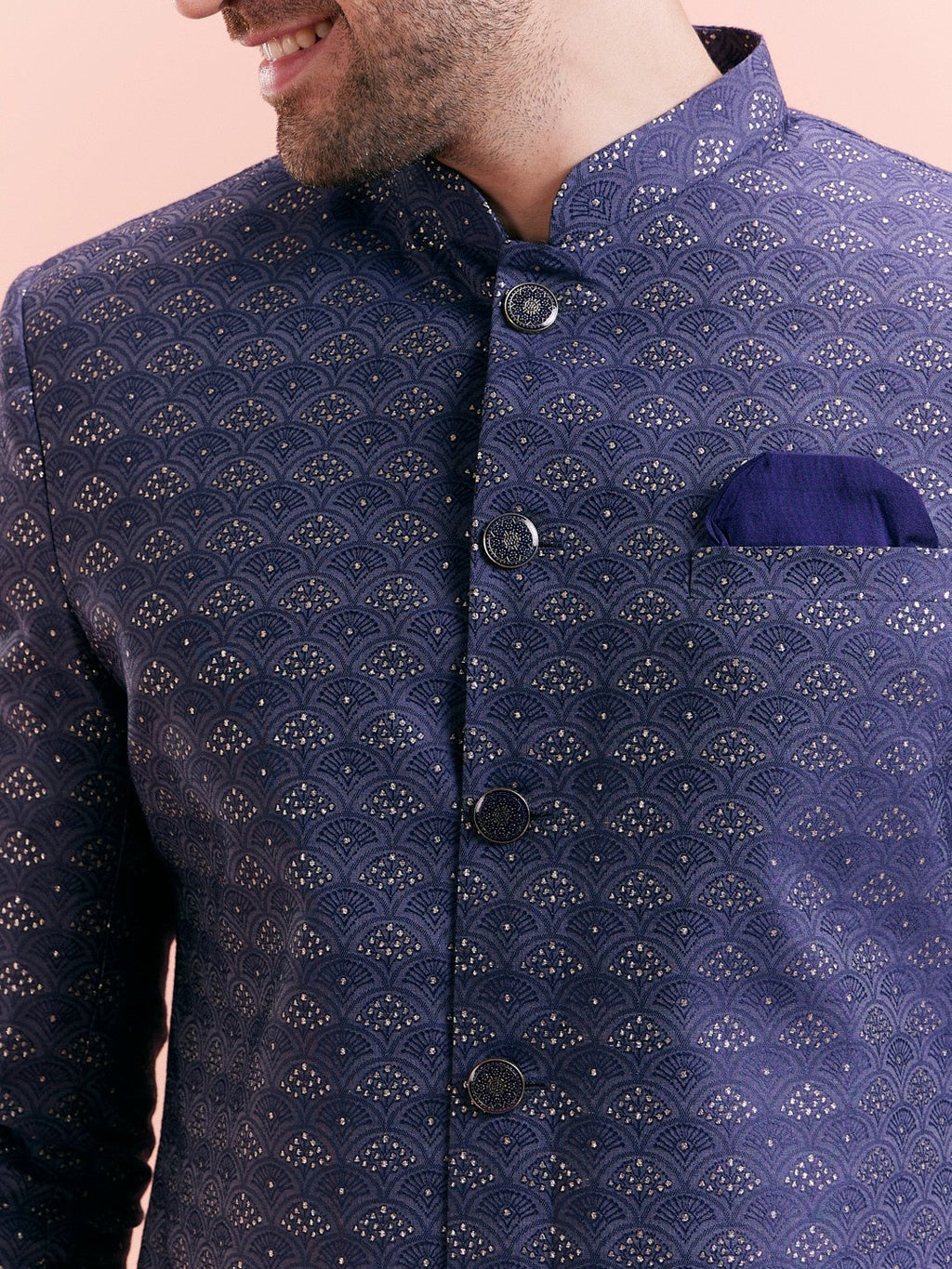 Navy Blue Jacquard Woven Design Sherwani Wide Leg Trouser Set