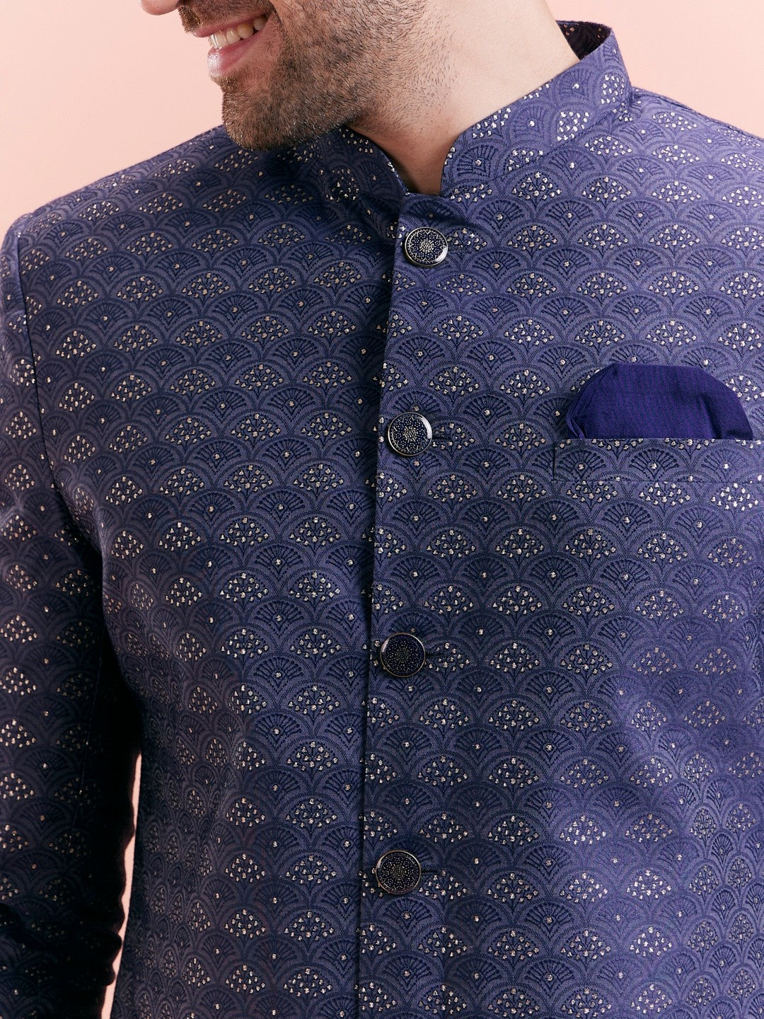 Navy Blue Jacquard Woven Design Sherwani Wide Leg Trouser Set
