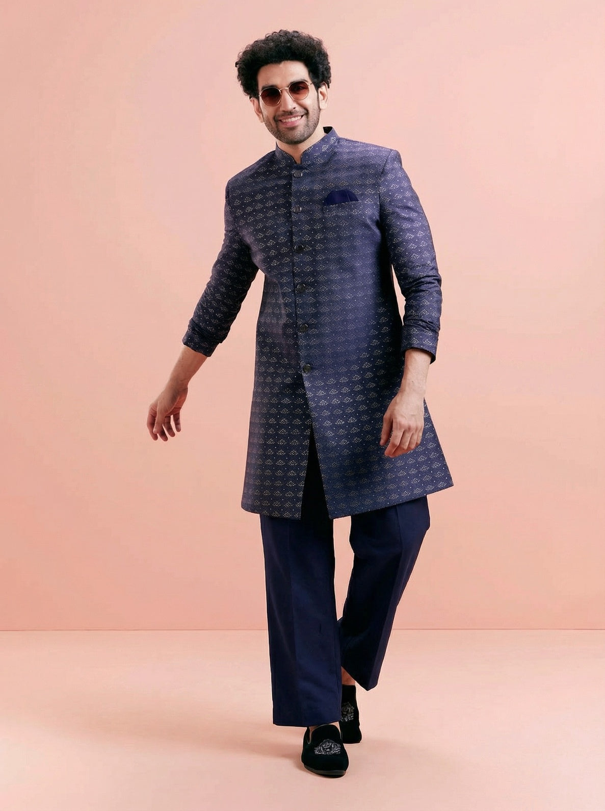 Navy Blue Jacquard Woven Design Sherwani Wide Leg Trouser Set