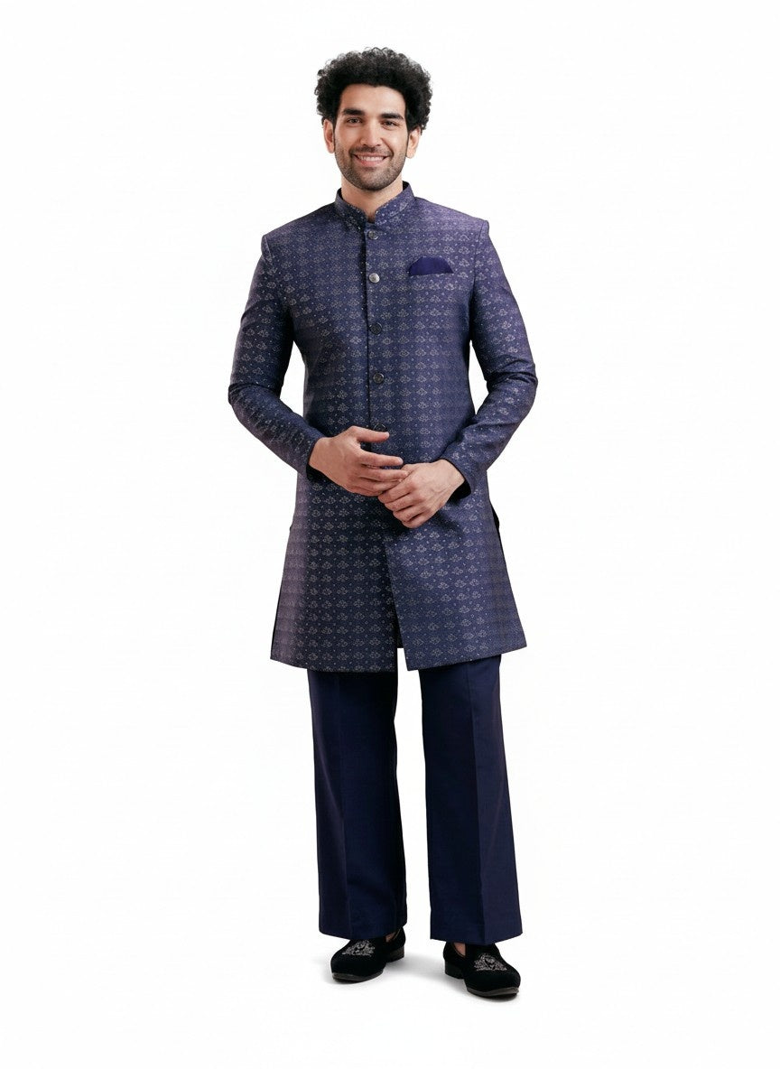 Navy Blue Jacquard Woven Design Sherwani Wide Leg Trouser Set