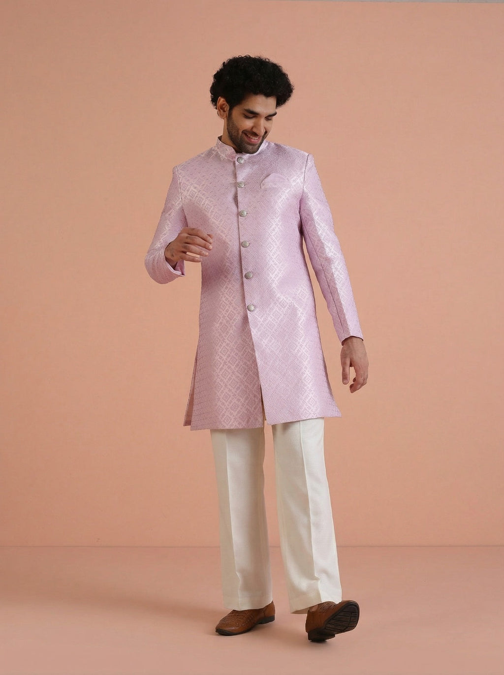 Lilac Jacquard Woven Design Sherwani Wide Leg Trouser Set