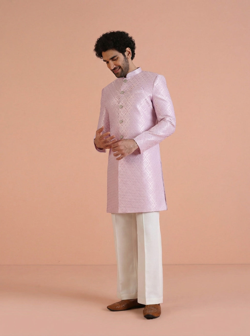 Lilac Jacquard Woven Design Sherwani Wide Leg Trouser Set