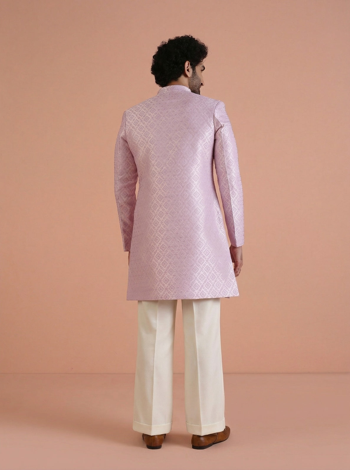 Lilac Jacquard Woven Design Sherwani Wide Leg Trouser Set