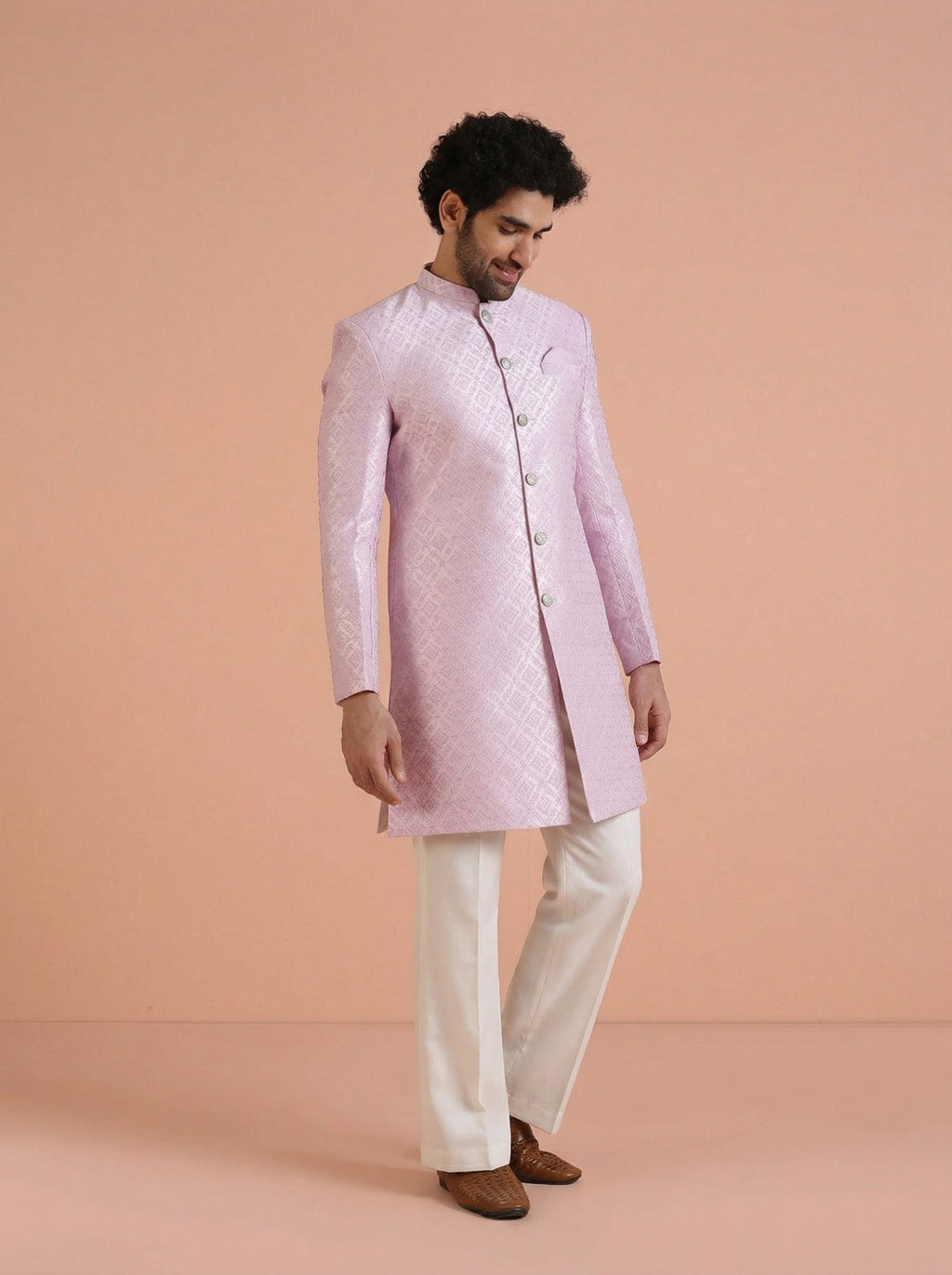 Lilac Jacquard Woven Design Sherwani Wide Leg Trouser Set