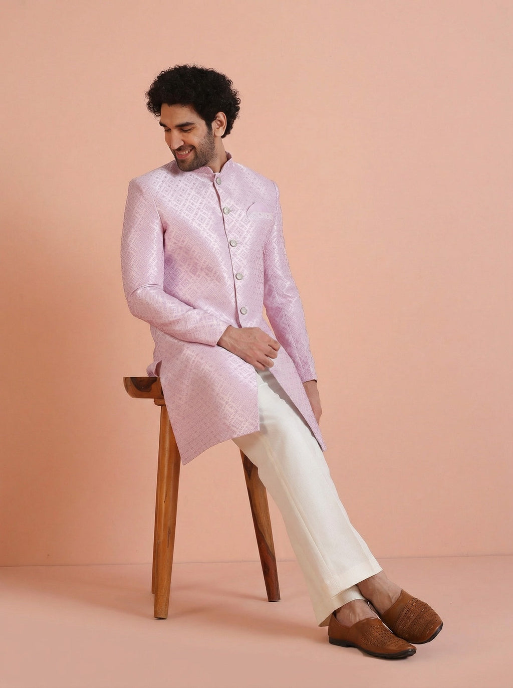 Lilac Jacquard Woven Design Sherwani Wide Leg Trouser Set