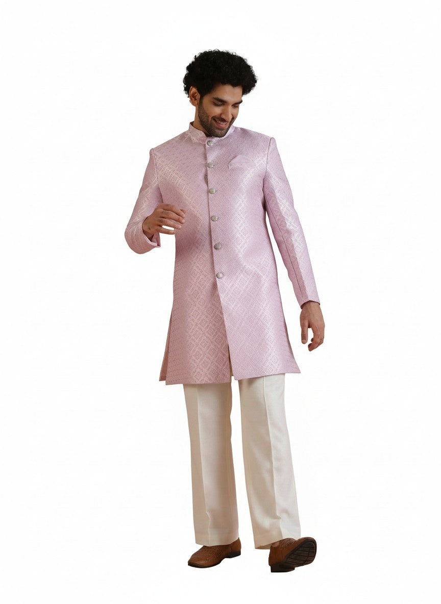 Lilac Jacquard Woven Design Sherwani Wide Leg Trouser Set