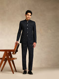 Black Poly Viscose Solid Bandhgala Trouser Set