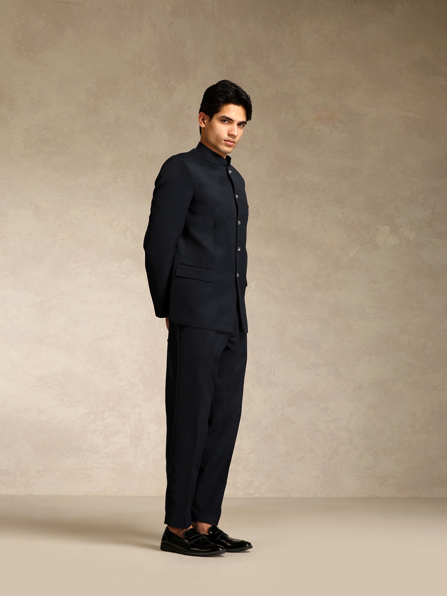 Black Poly Viscose Solid Bandhgala Trouser Set