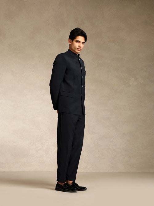 Black Poly Viscose Solid Bandhgala Trouser Set