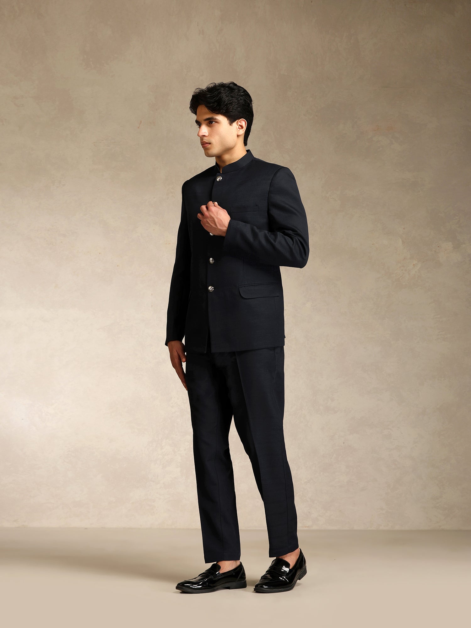 Black Poly Viscose Solid Bandhgala Trouser Set