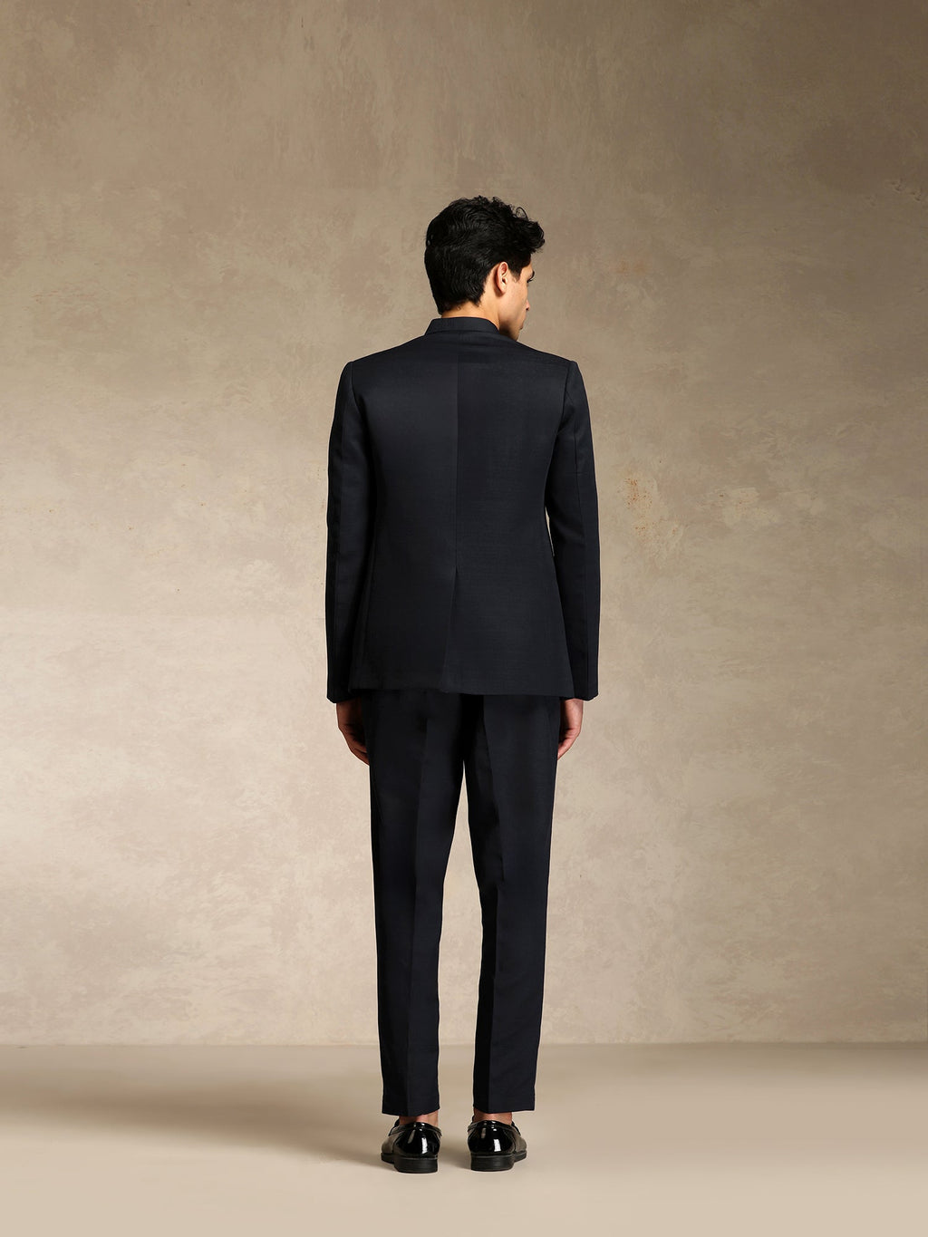 Black Poly Viscose Solid Bandhgala Trouser Set