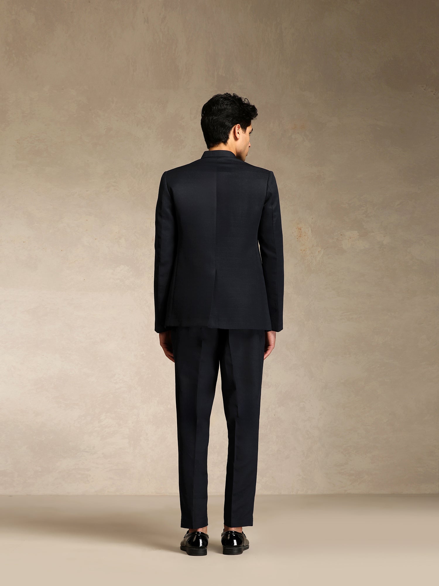 Black Poly Viscose Solid Bandhgala Trouser Set
